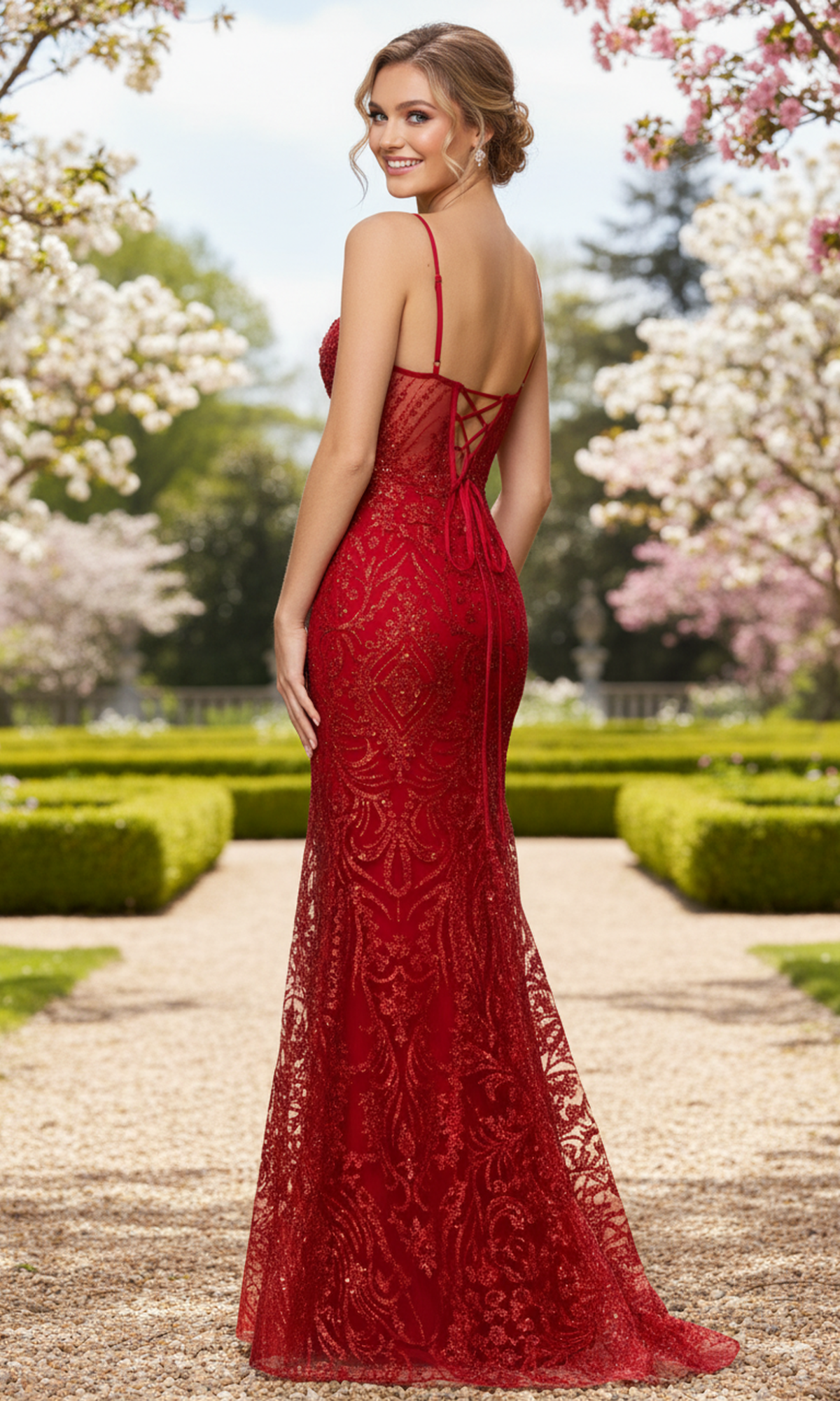A woman in the Long Prom Dress: Blondie Nites 6177BN—featuring a red sheer corset bodice and lace-up back—stands outdoors on a gravel path, surrounded by manicured gardens and blooming trees.